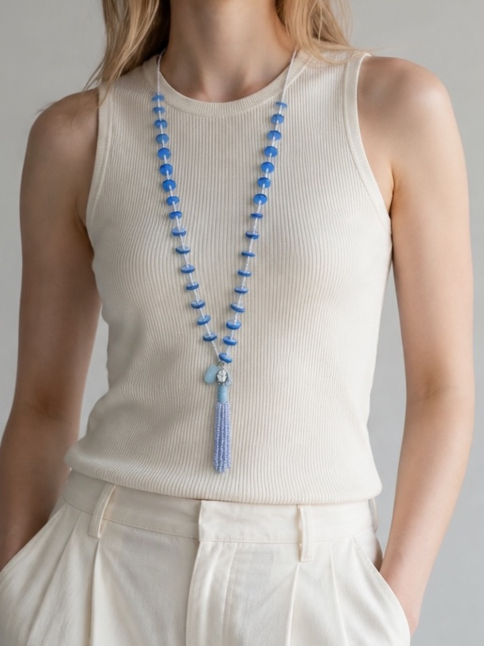 Chico's Blue Disc & Seed Bead Tassel Charm Necklace
